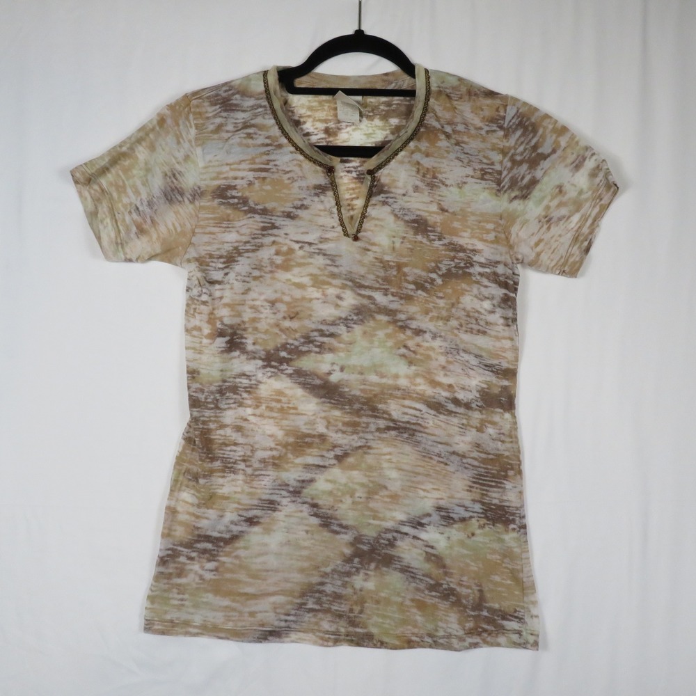 Great White T Company Tunic Top Women's Short Sleeve Brown Beige Patterned